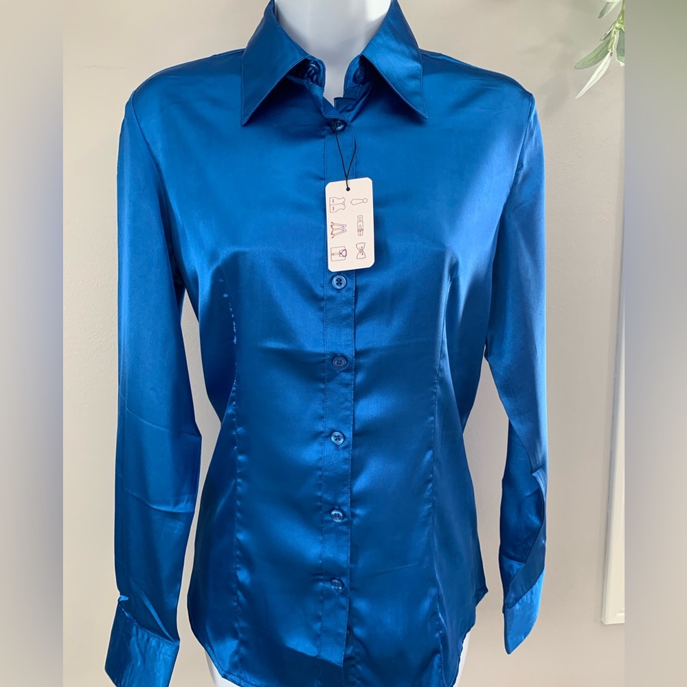 NWT Elegant Barry.Wang Blue Women's Button-Up Shirt